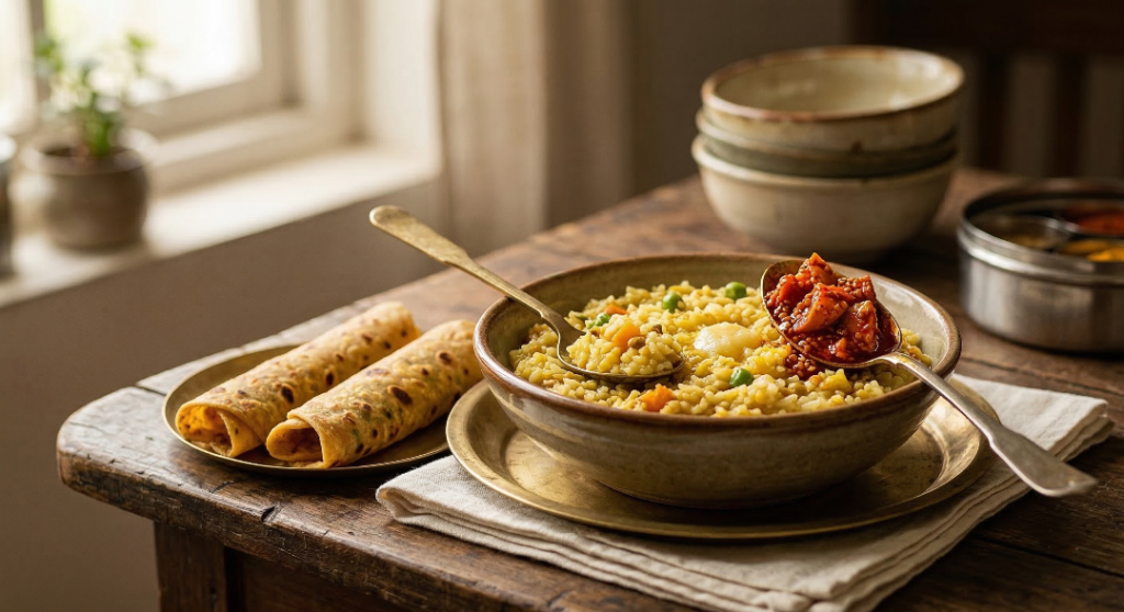 Serving suggestion for NRI Athanu Recipe with Gujarati food