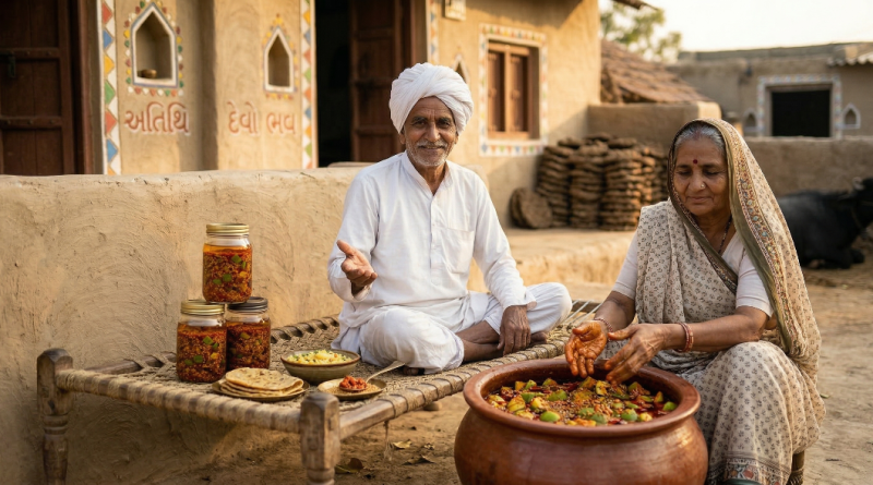 traditional-kathiyawadi-village-couple-making-mango-pickle-on-porch