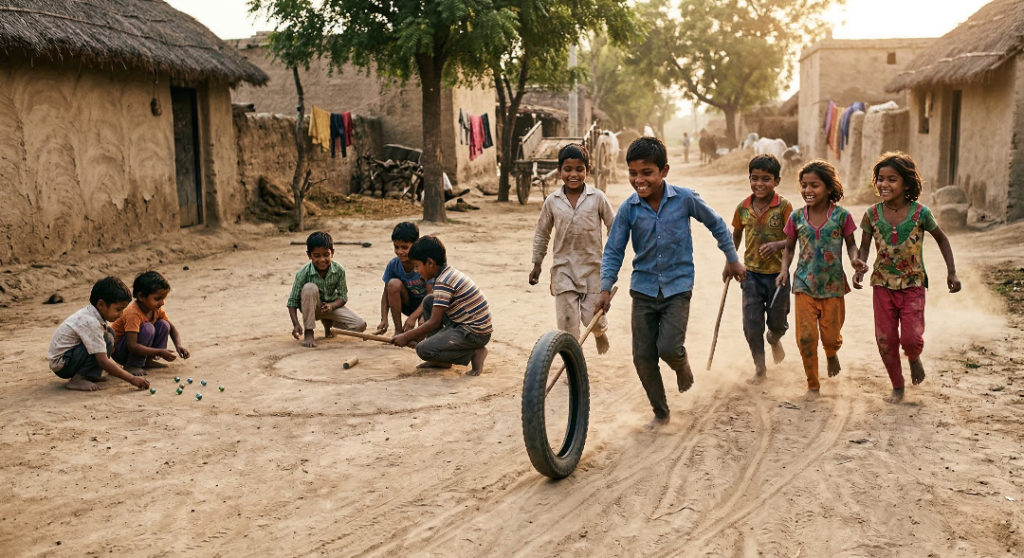 ગામડાના બાળકોની ધૂળિયા શેરીઓમાં રમત